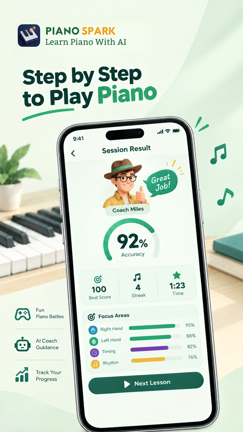Piano Spark session result screen showing Coach Miles 92% accuracy and focus areas
