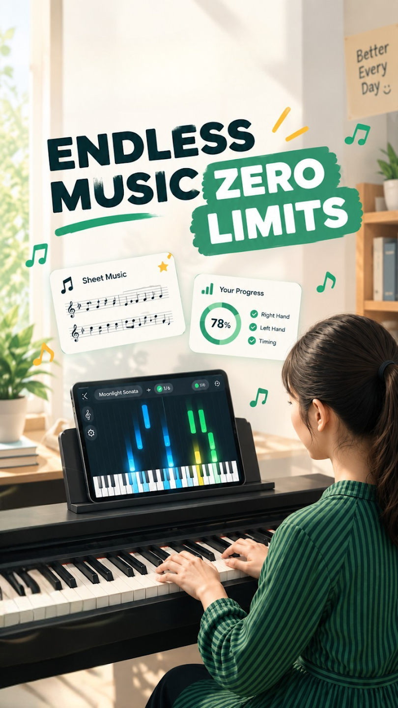 Pianist practicing on an acoustic piano with Piano Spark running on an upright tablet stand